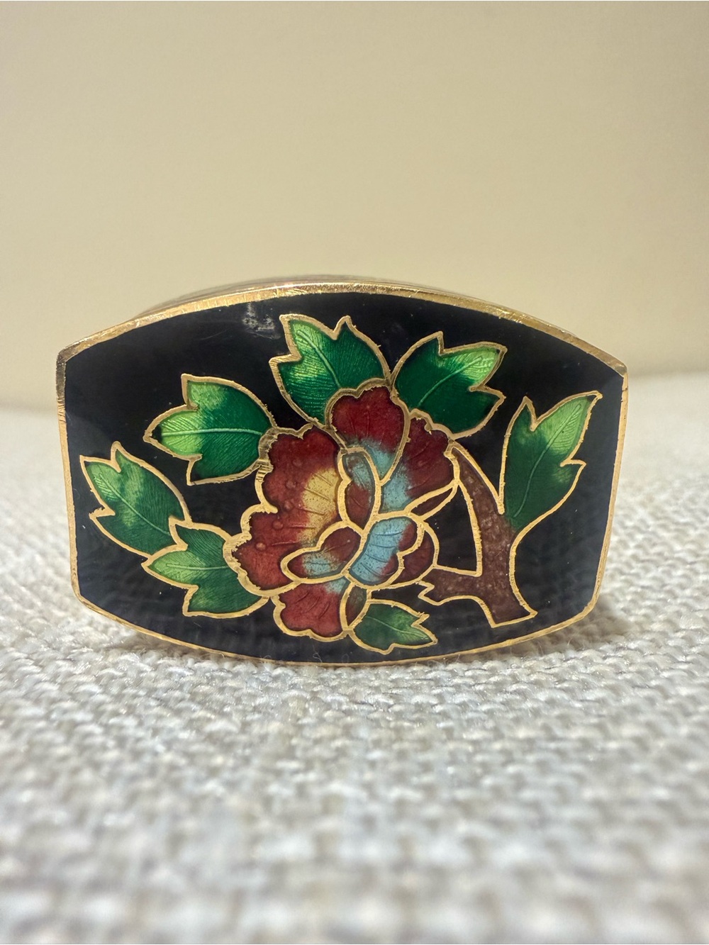 Vintage Chinese Black Cloisonné Enamel Miniature Oval Pill Trinket Box